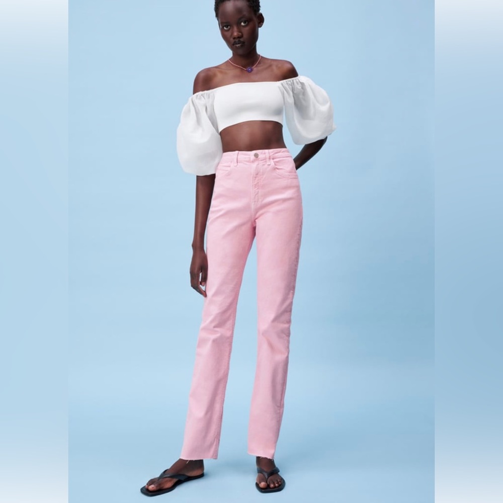 ZARA - slim slotted high rise pale pink jeans